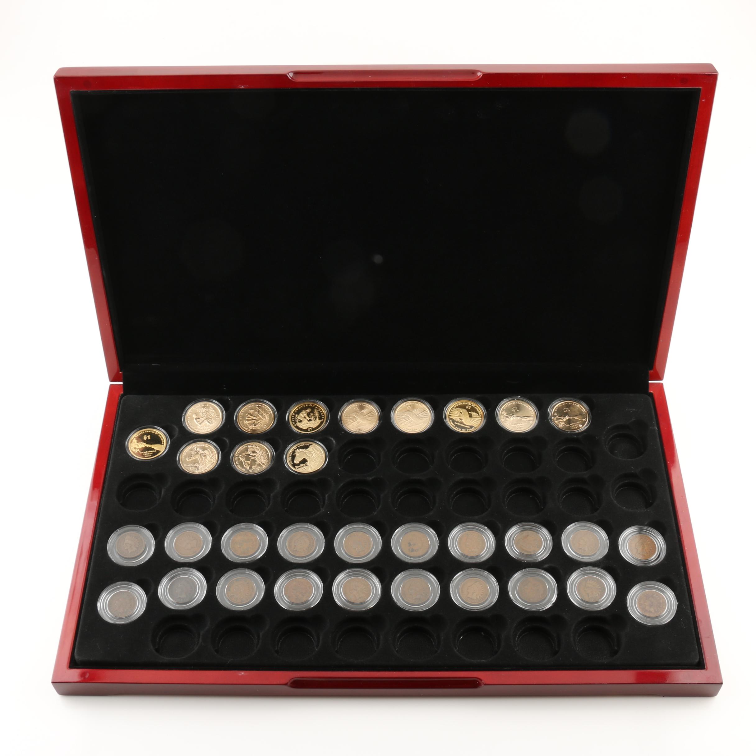 Display Case of Indian Head Cents and Native American Dollar Coins