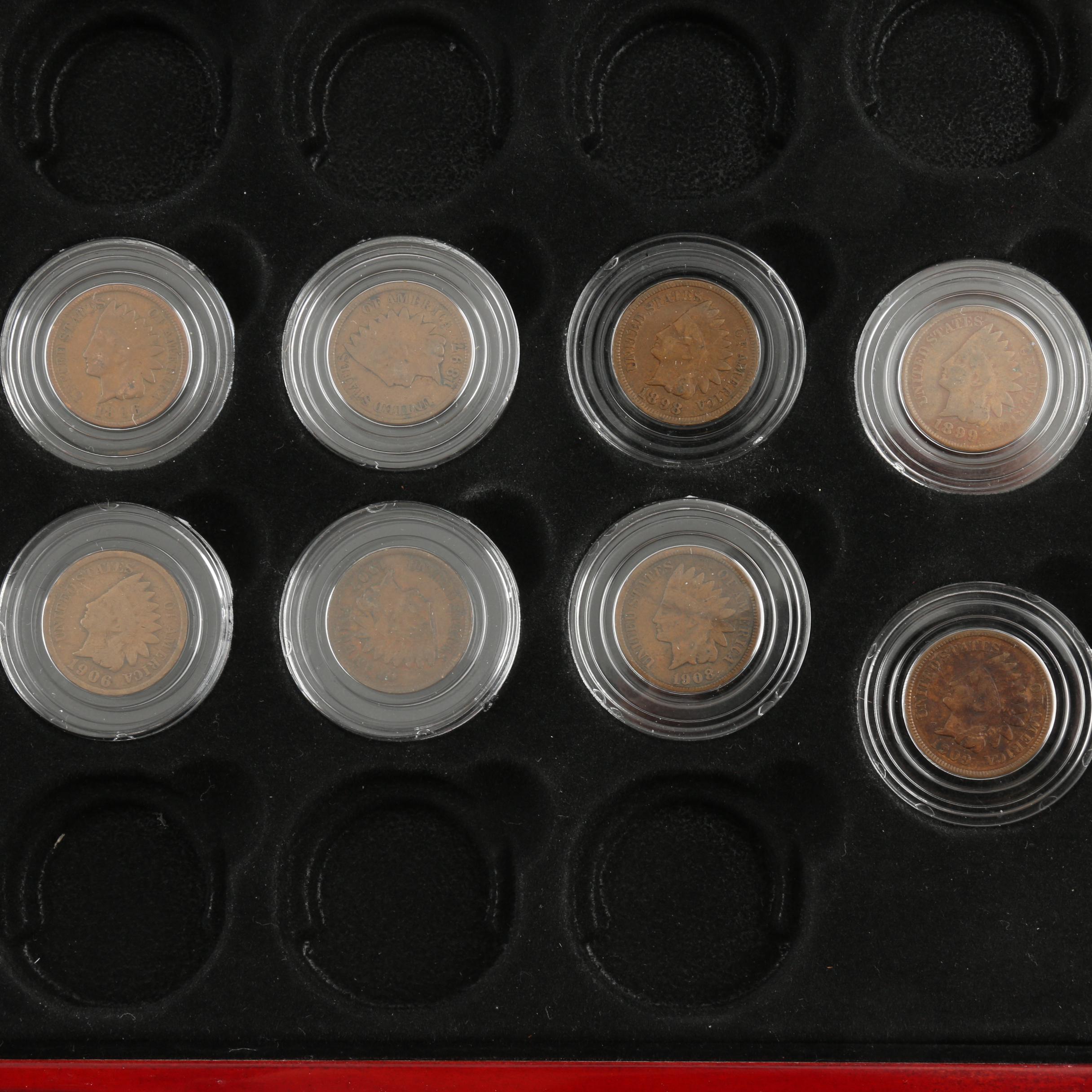 Display Case of Indian Head Cents and Native American Dollar Coins