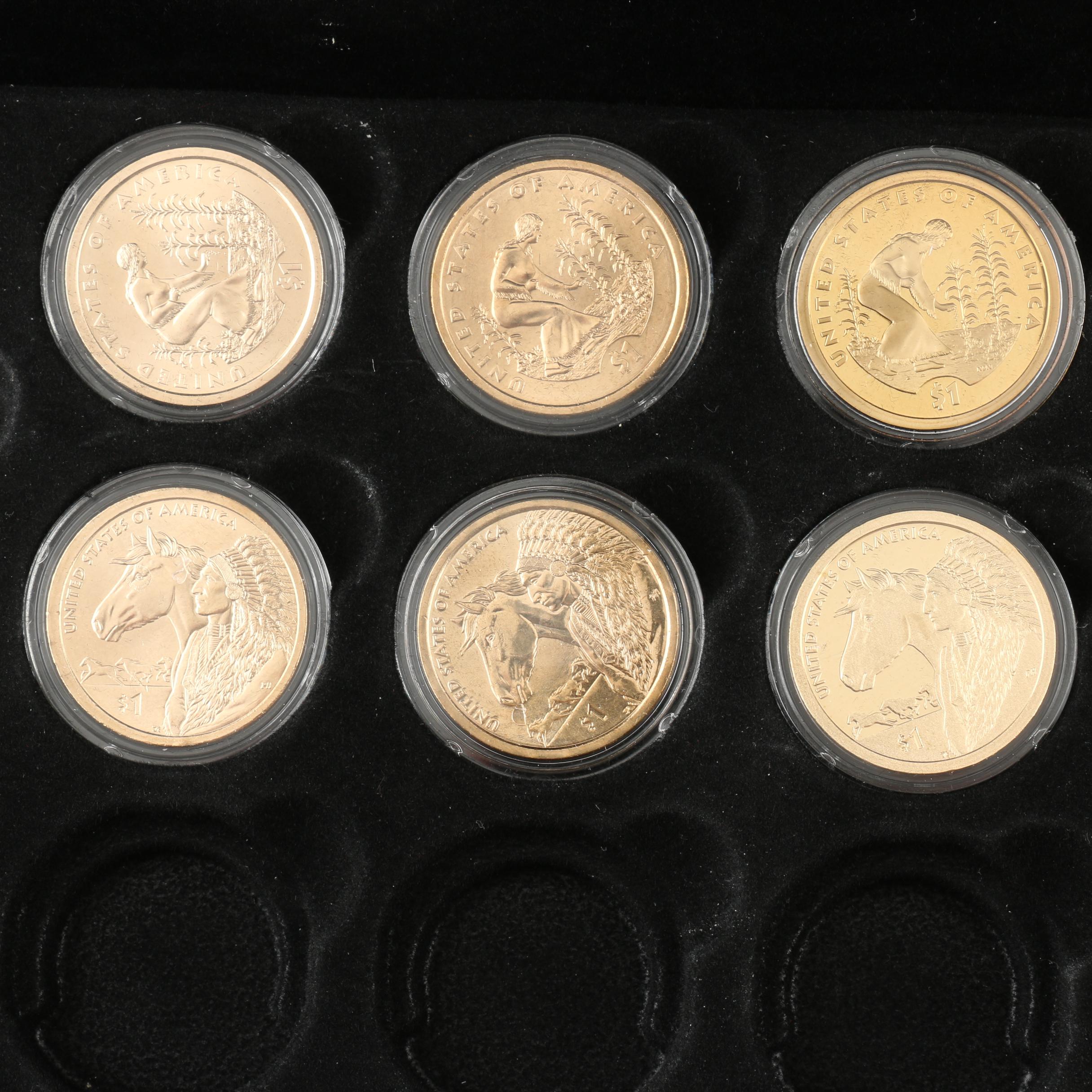 Display Case of Indian Head Cents and Native American Dollar Coins