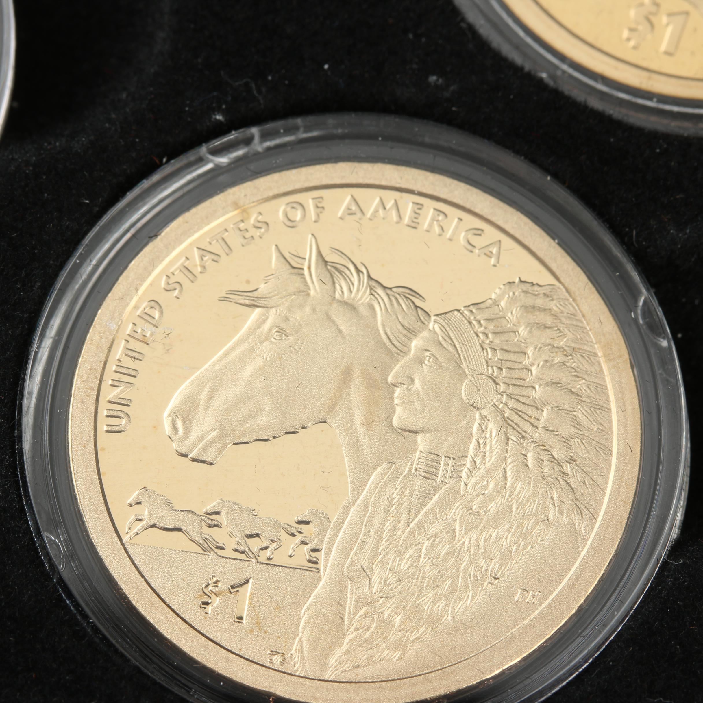 Display Case of Indian Head Cents and Native American Dollar Coins