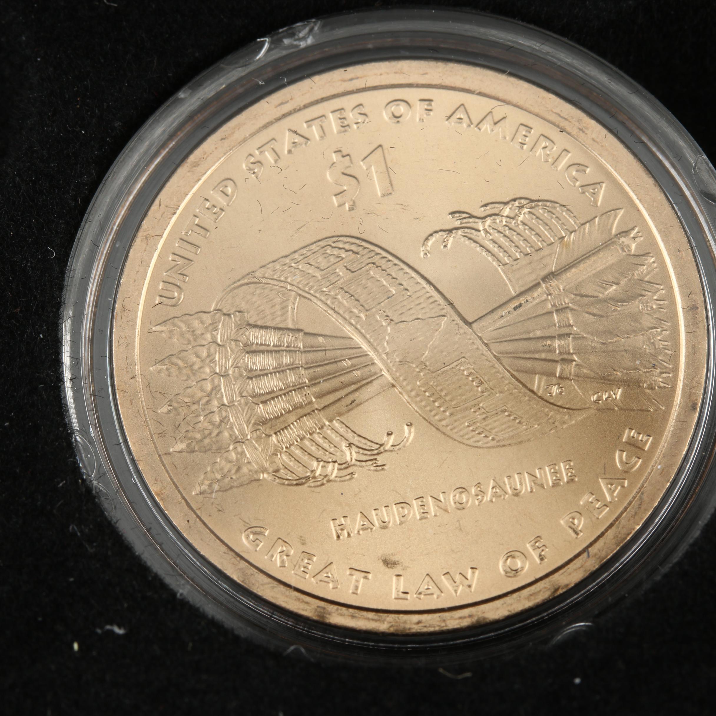 Display Case of Indian Head Cents and Native American Dollar Coins