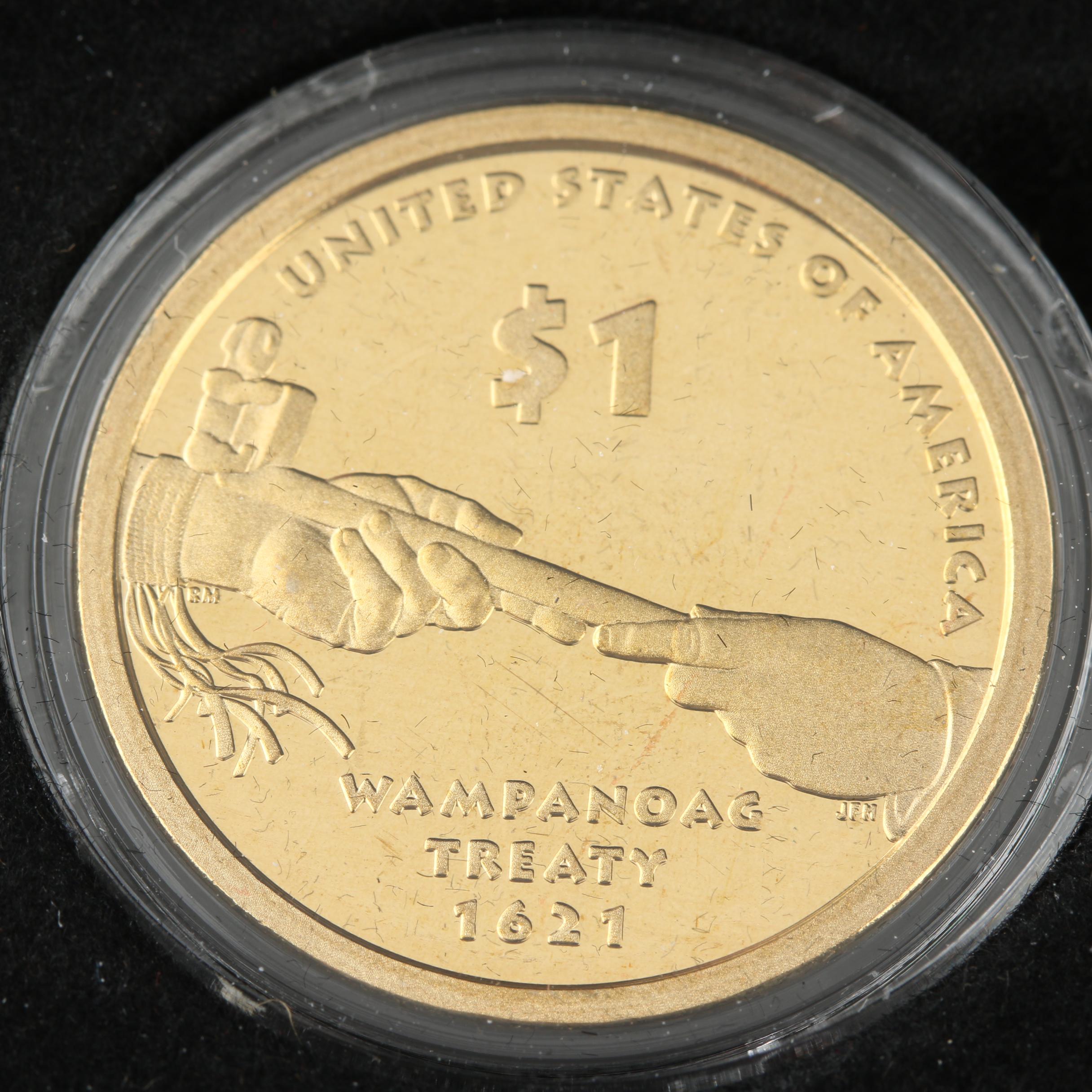 Display Case of Indian Head Cents and Native American Dollar Coins