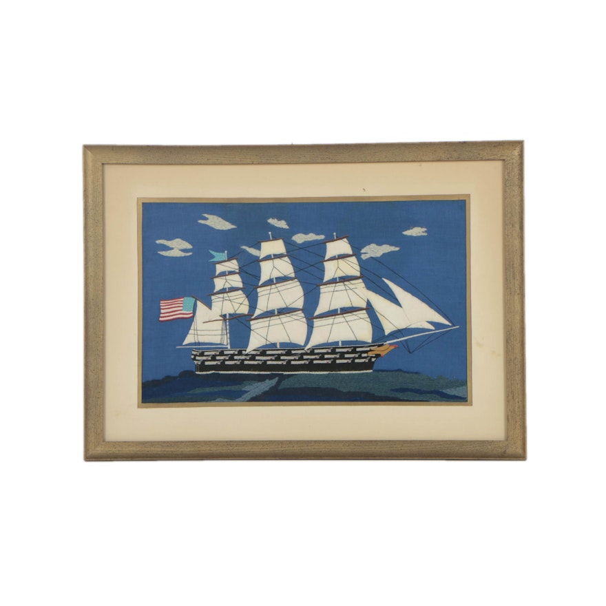 Folk Art Style Embroidered Textile of 19th-Century Ship