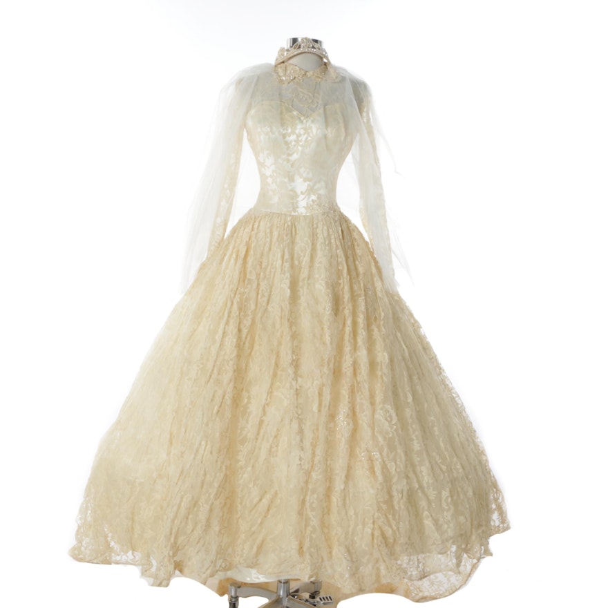 Vintage Marie of Pandora Cream Lace Wedding Gown with Hoop Underskirt and Veil