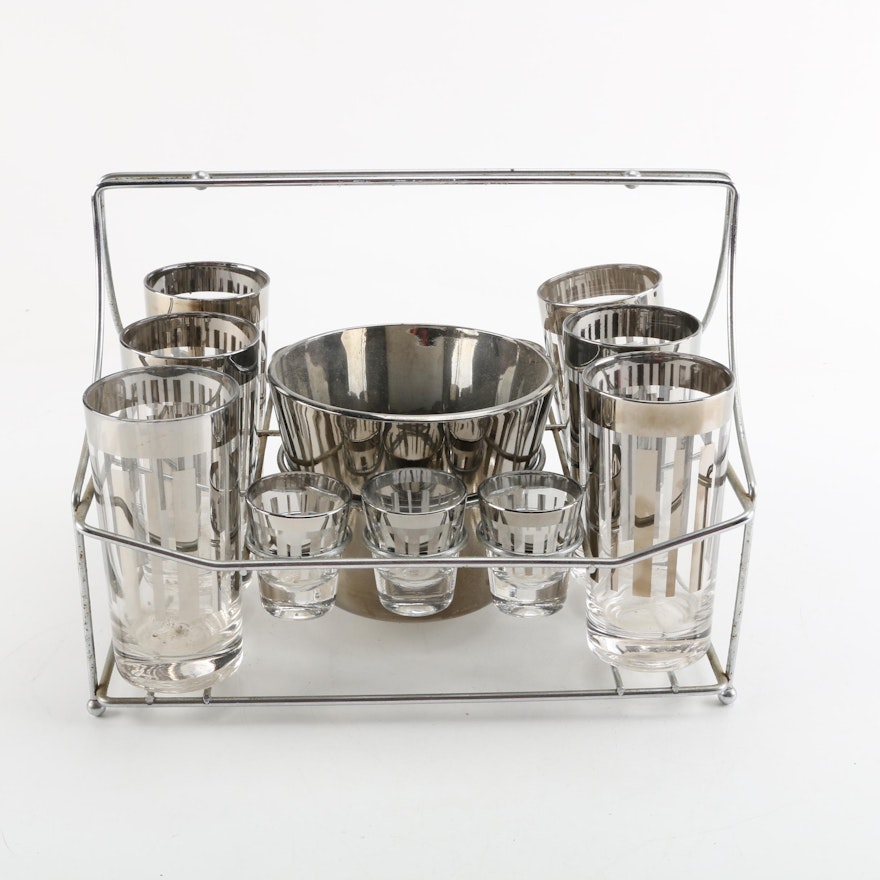 Mid Century Silver Tone Barware Set with Ice Bucket, Highball and Shot Glasses