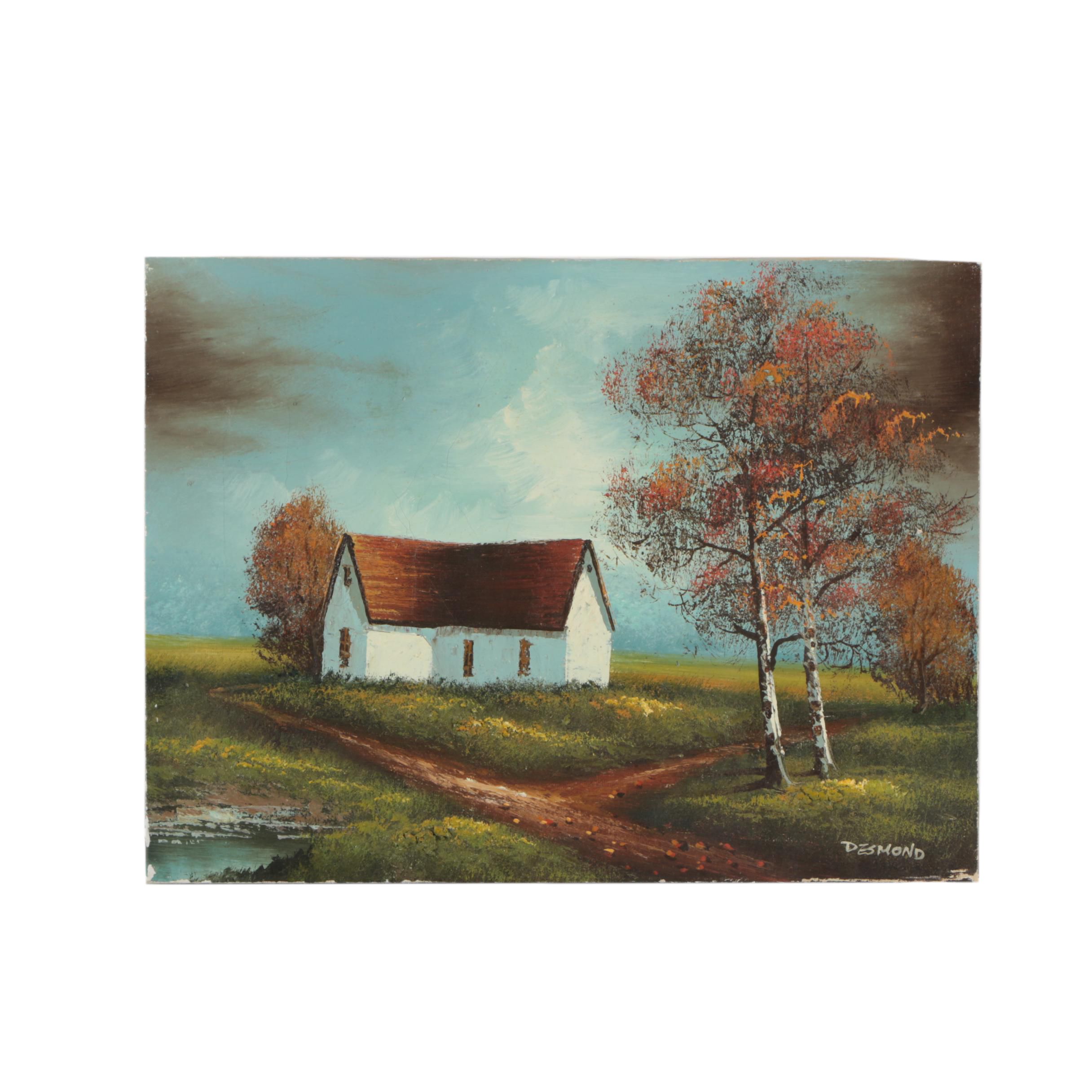 Desmond Circa 1980s Oil Painting of Rural Landscape