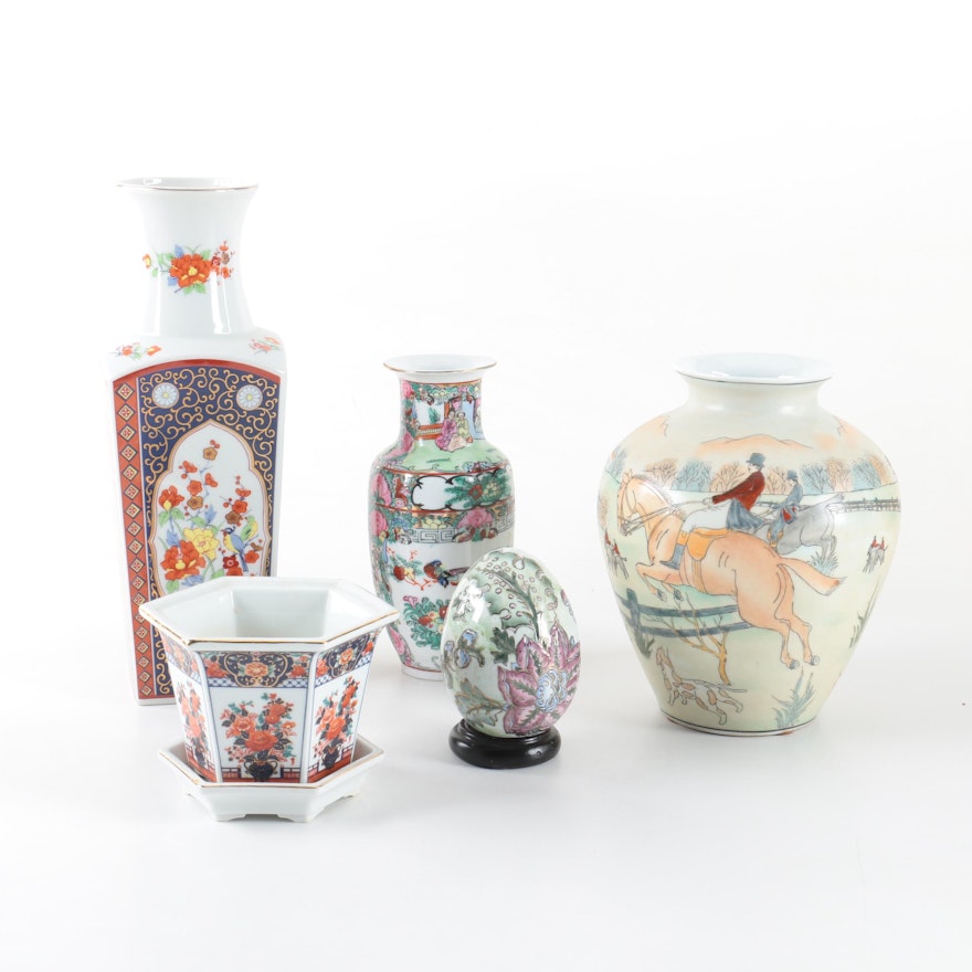 Chinese and Japanese Polychrome Porcelain Vases and Planter