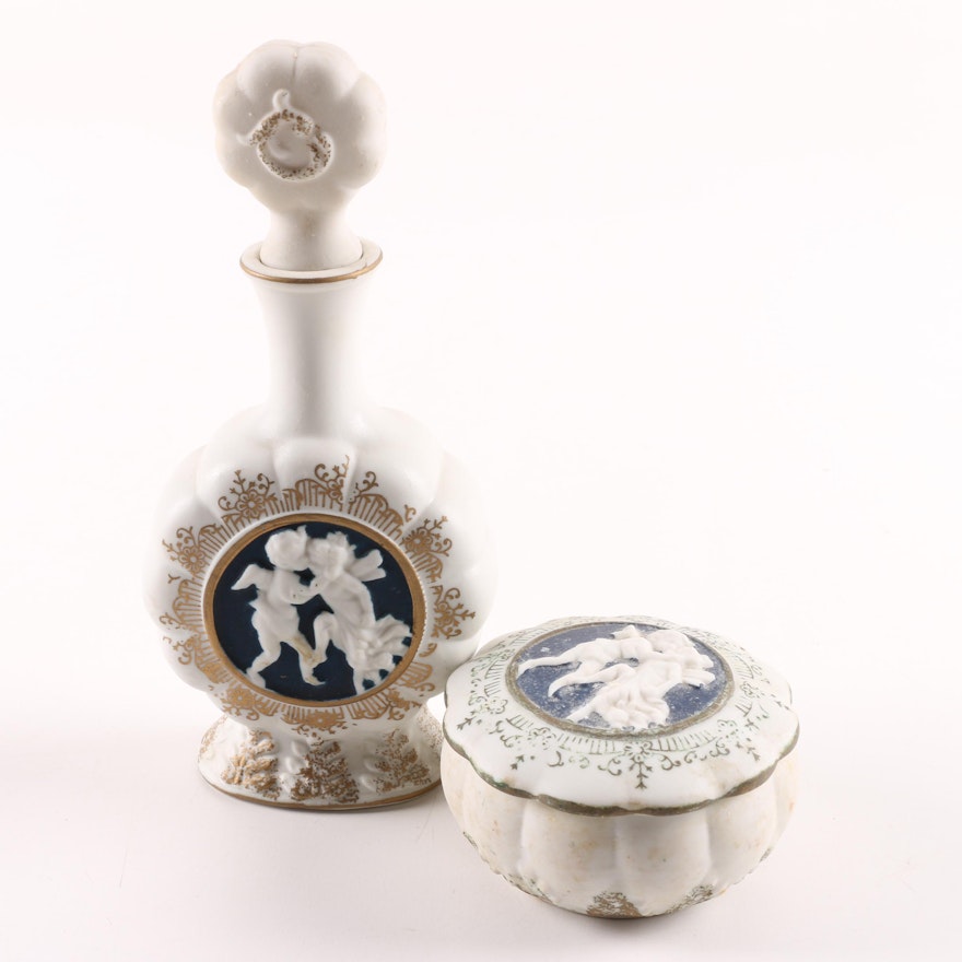 Porcelain Perfume Bottle and Vanity Jar with Putto Motifs