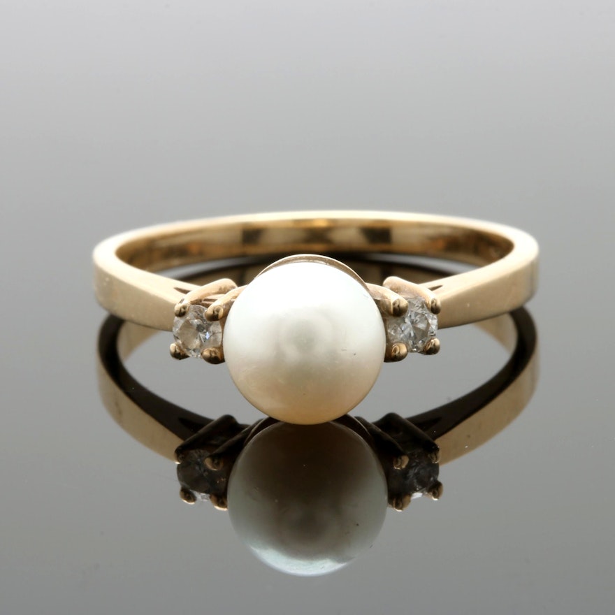 10K Yellow Gold Cultured Pearl and Diamond Ring