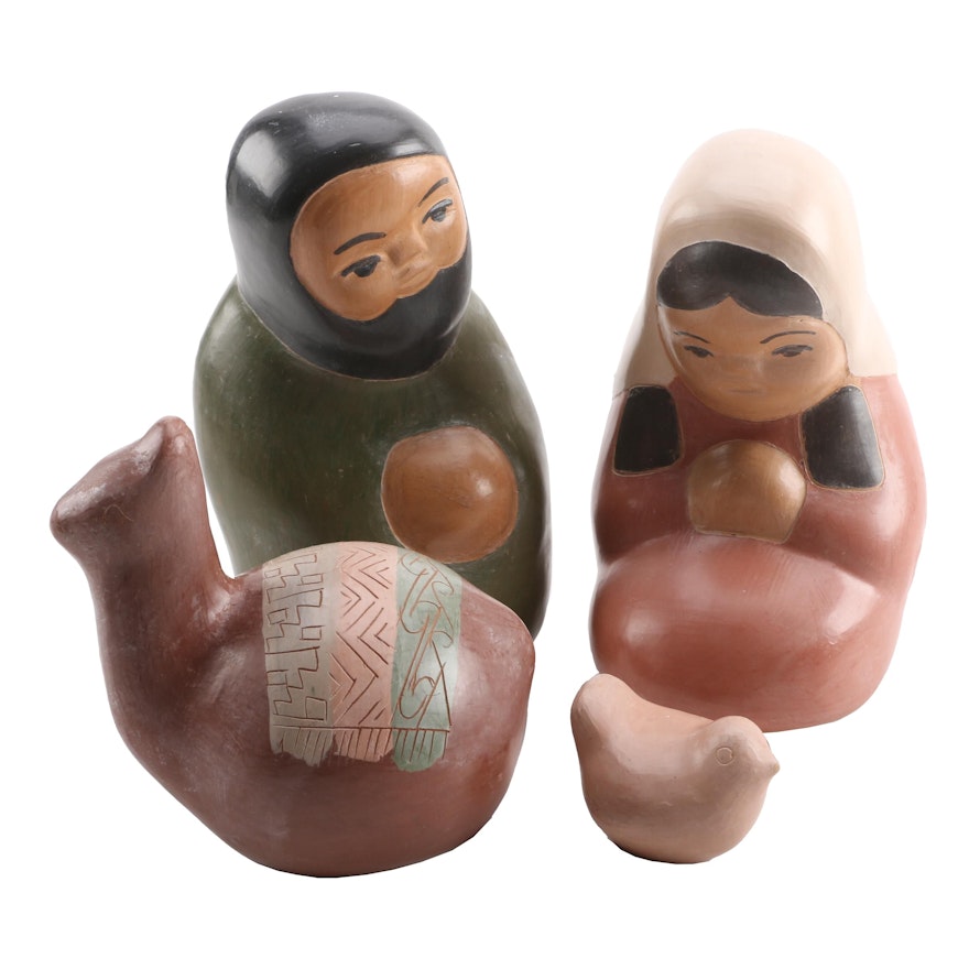 Signed Ceramic Folk Art Nativity Figurines