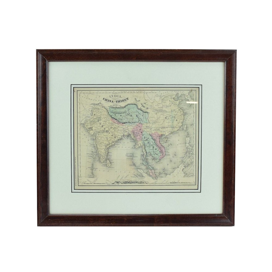 Original 1868 Framed Map of India, China and Tibet