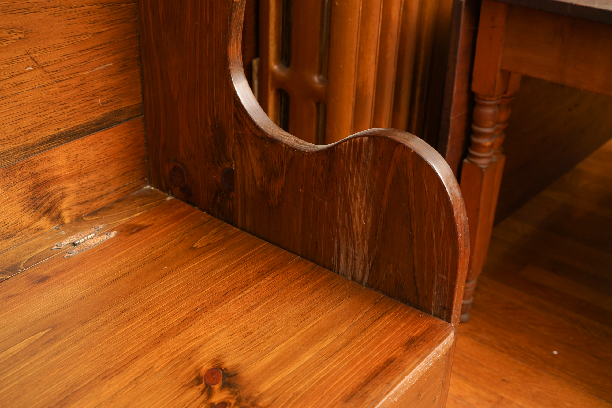 Vintage Stained Pine High-back Bench with Storage