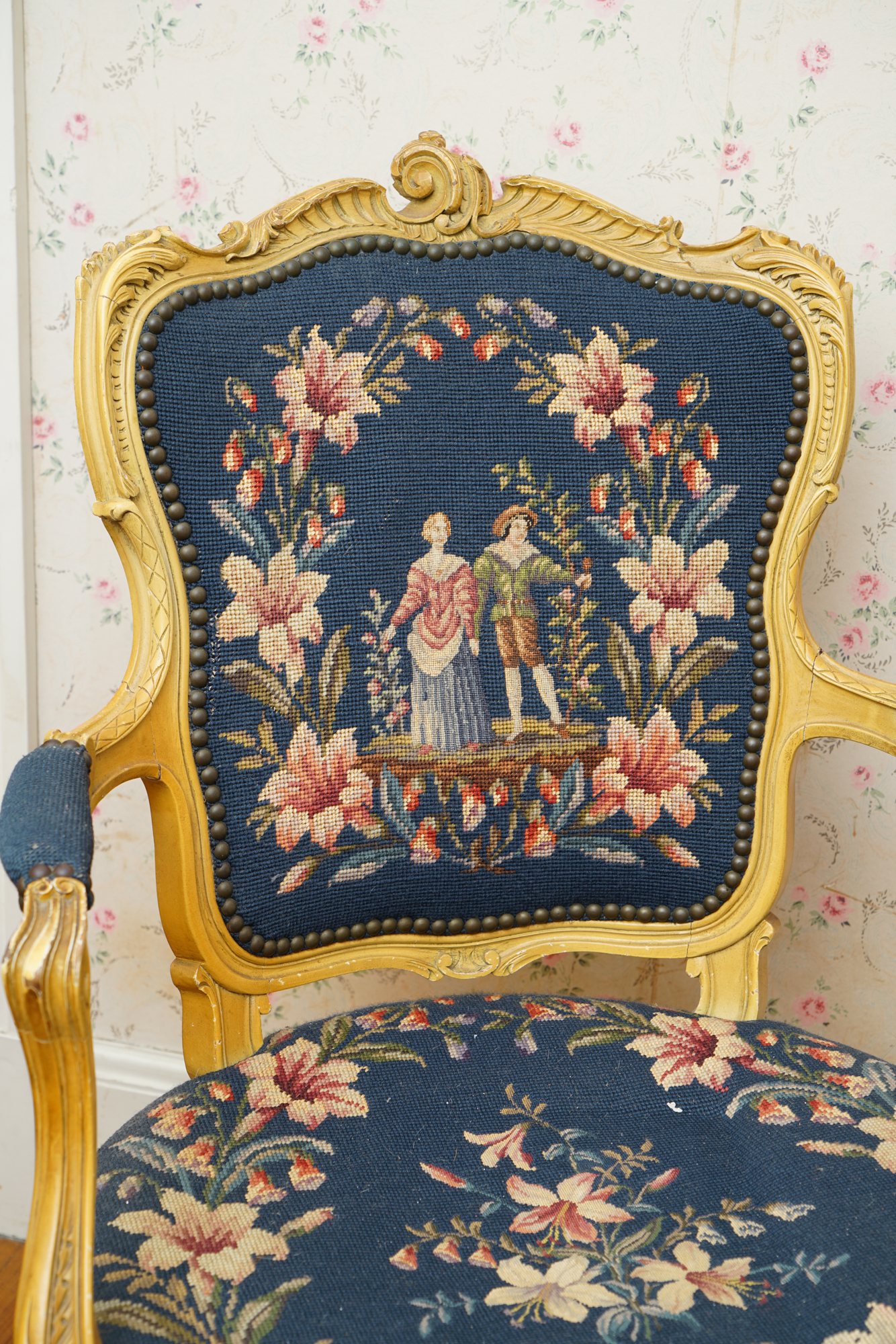 Vintage French Provincial Style Needlepoint Chair and Footstool