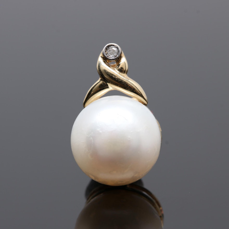 14K Yellow Gold Cultured Pearl and Diamond Pendant