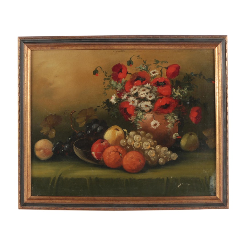 Tilly Oil Painting of Still Life with Poppies, Daisies and Fruit