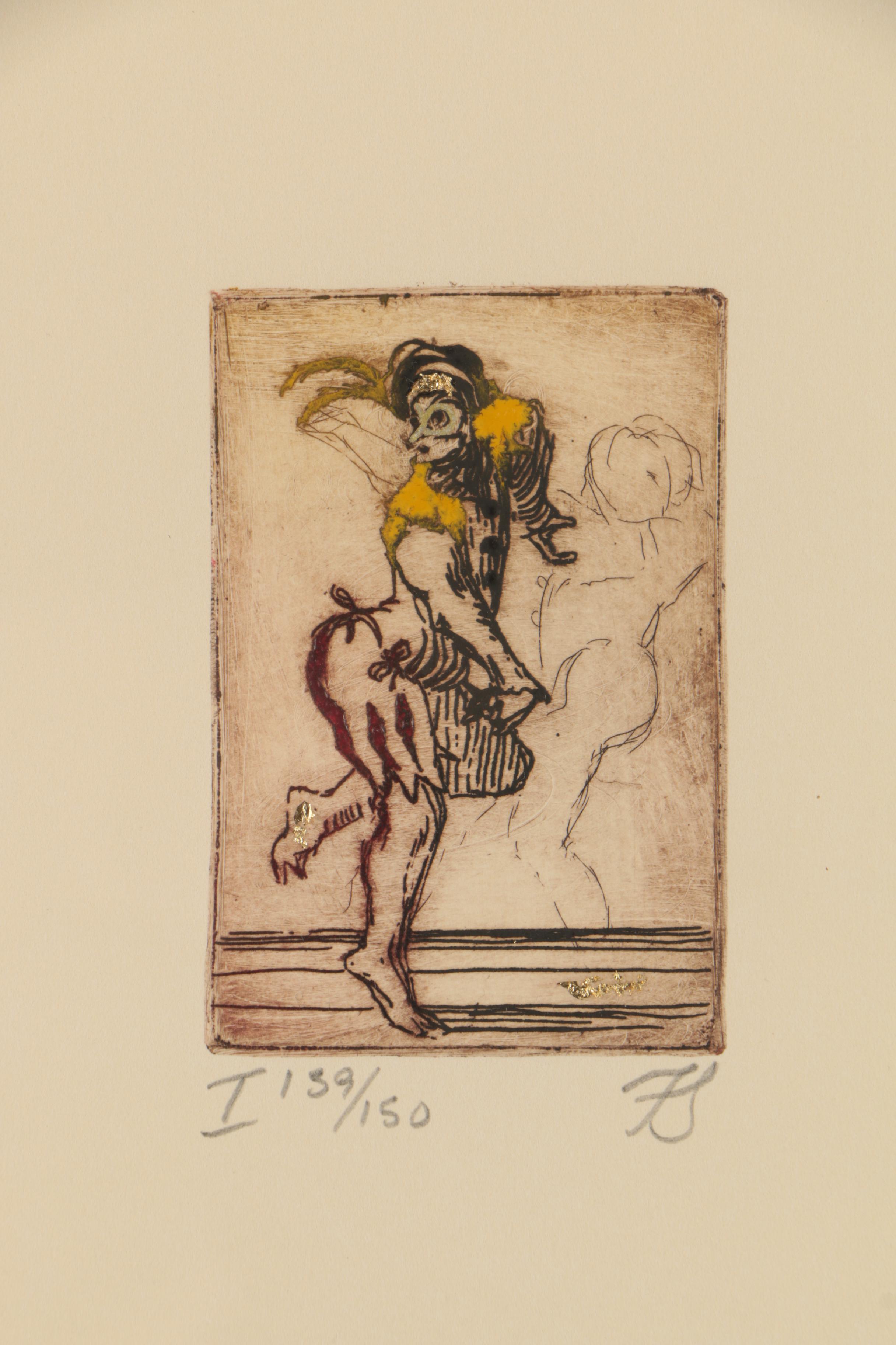 Embellished Miniature Etching "Carnivale Pantaloon I"