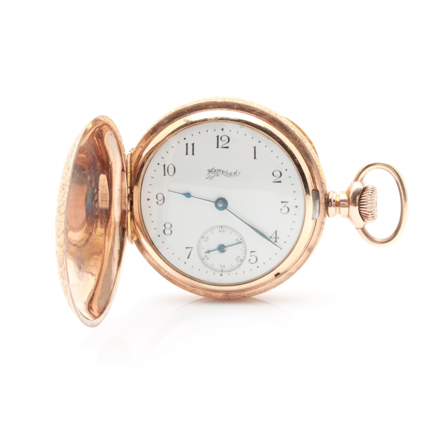 Hampden Gold-Filled White Dial Pocket Watch with a Floral Pattern