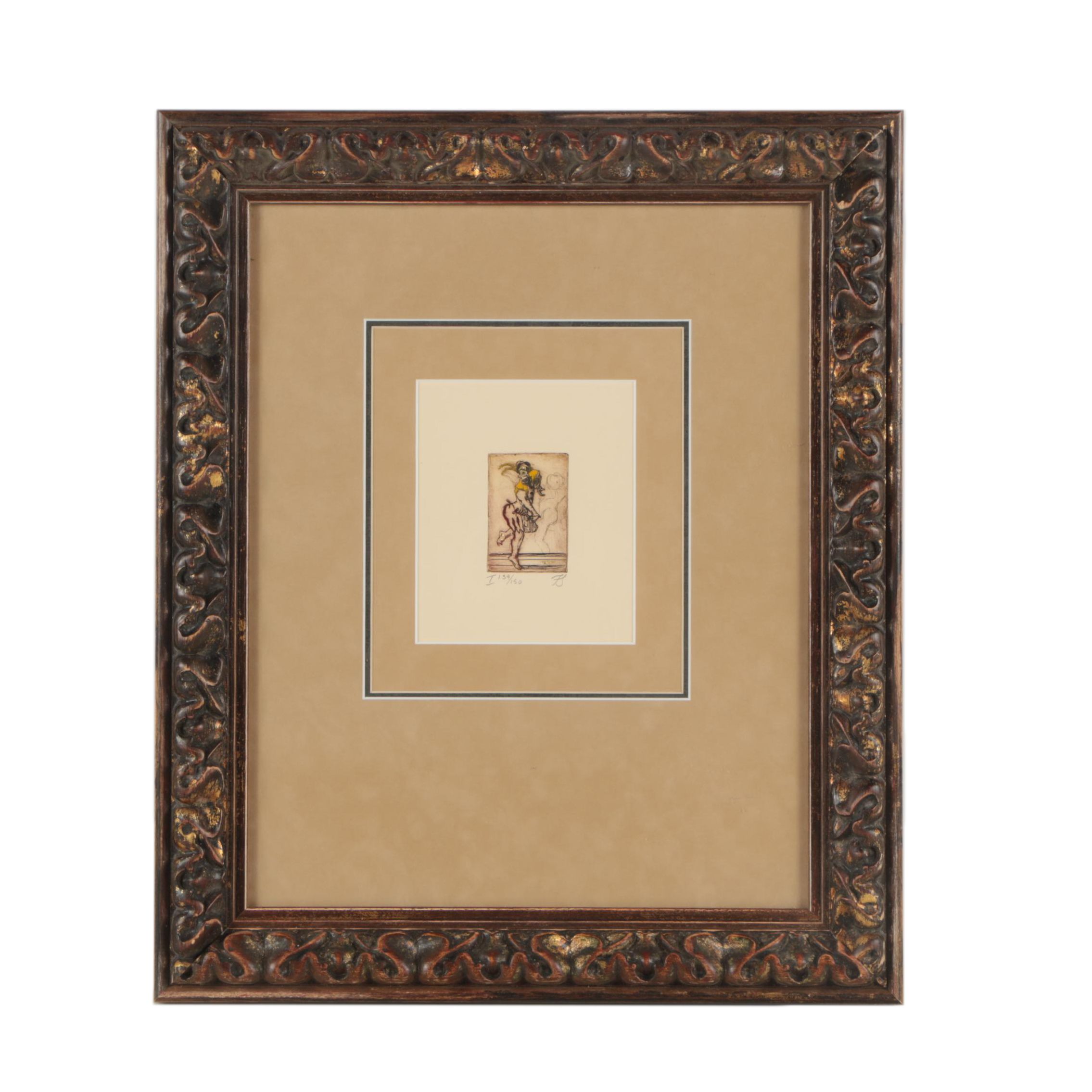 Embellished Miniature Etching "Carnivale Pantaloon I"