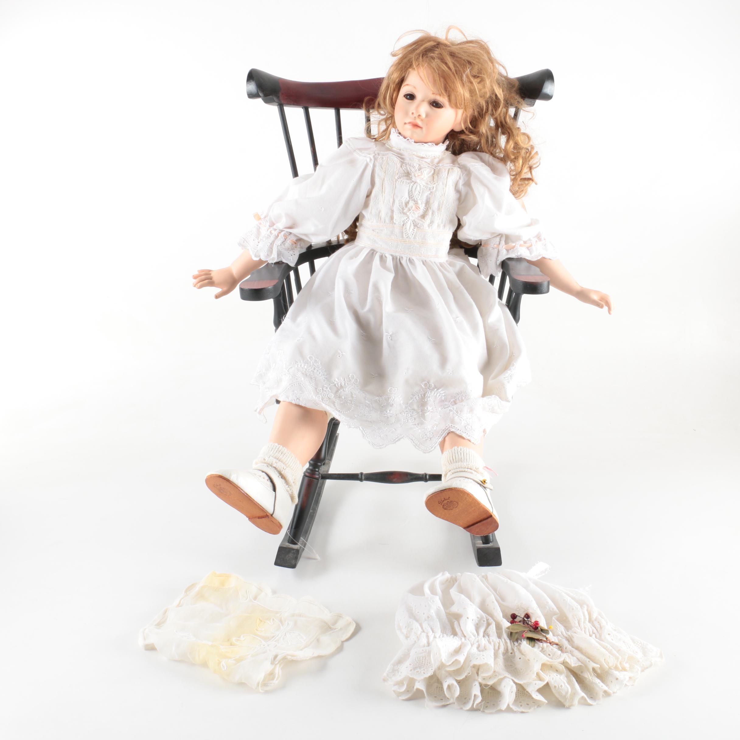 1996 Joyce Rondeau Signed Porcelain Doll with Wooden Rocking Chair
