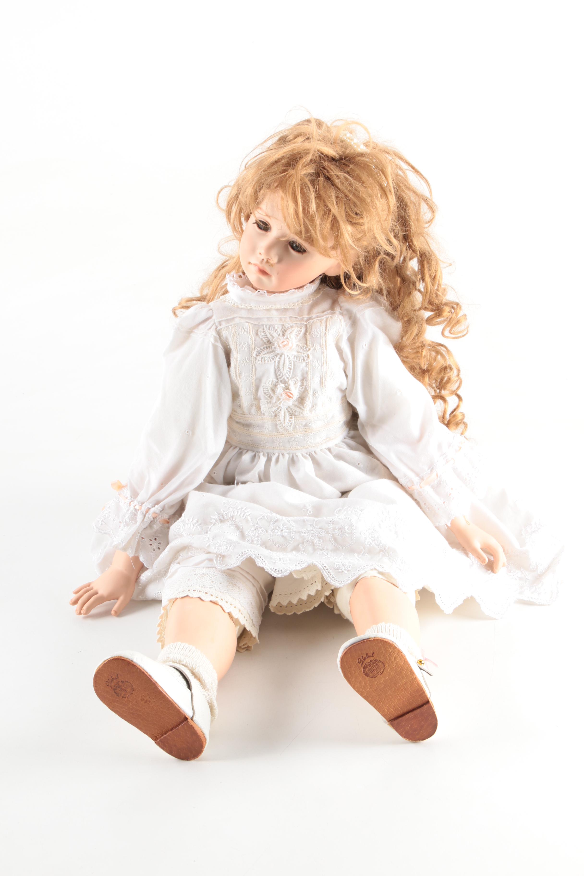 1996 Joyce Rondeau Signed Porcelain Doll with Wooden Rocking Chair