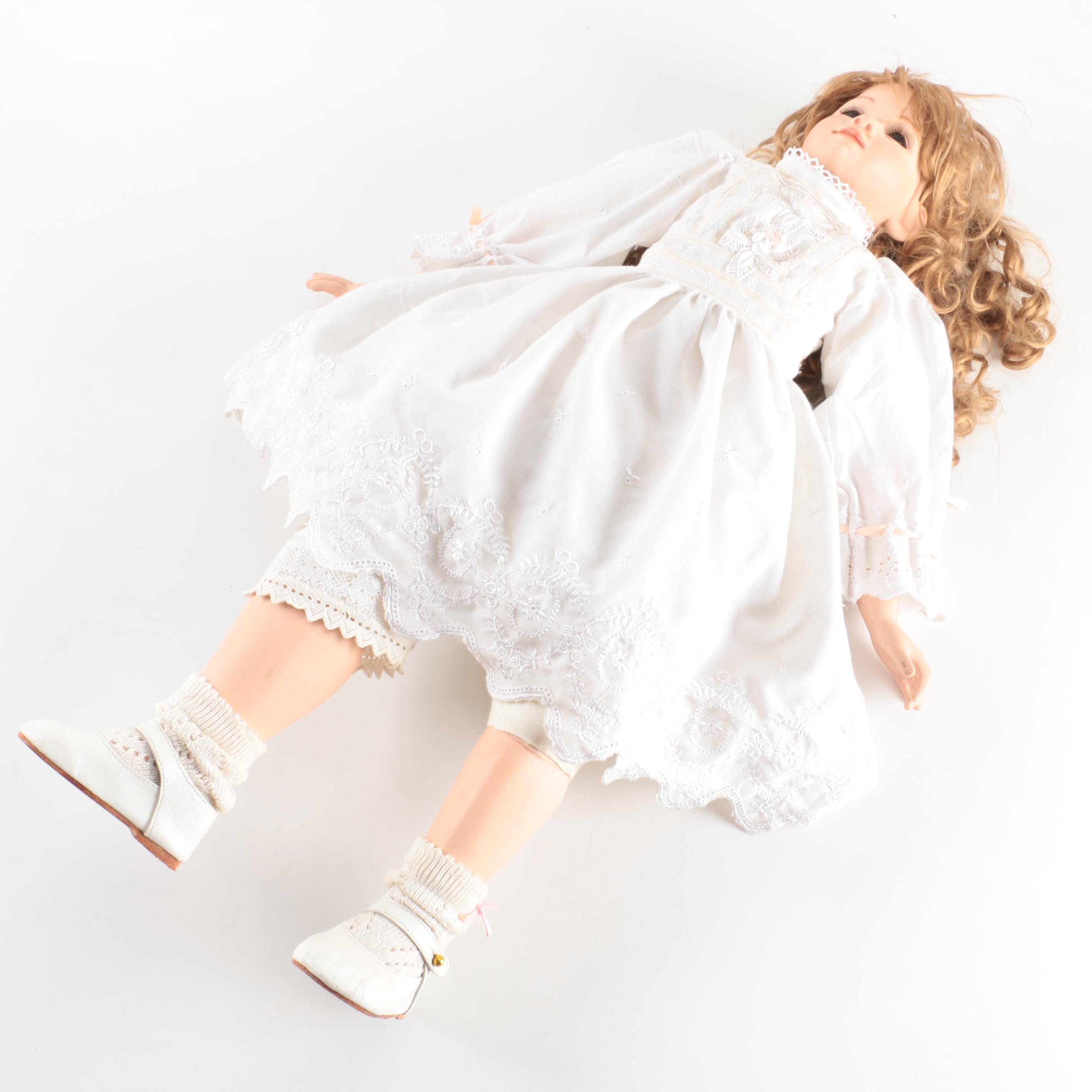 1996 Joyce Rondeau Signed Porcelain Doll with Wooden Rocking Chair