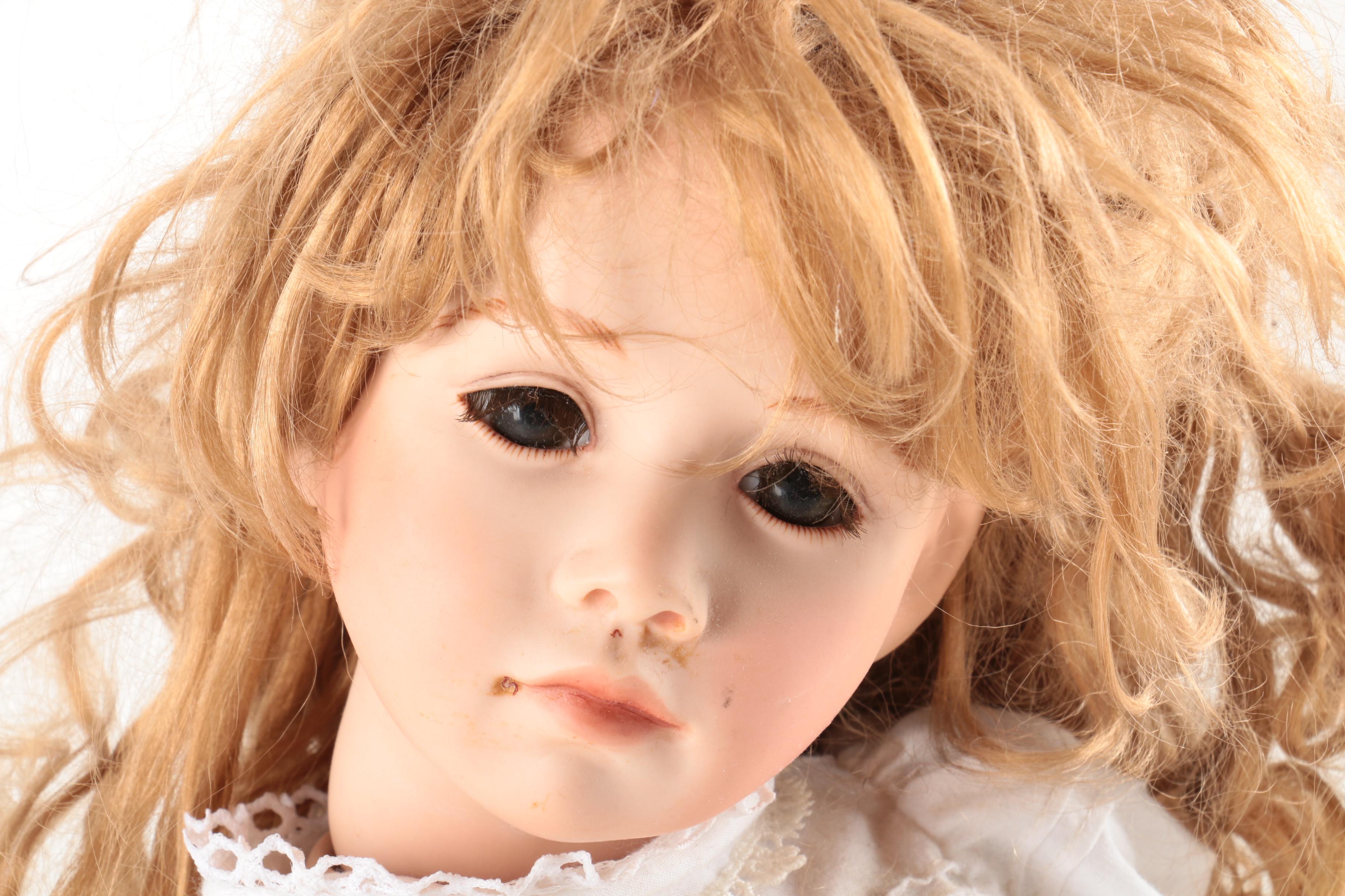 1996 Joyce Rondeau Signed Porcelain Doll with Wooden Rocking Chair