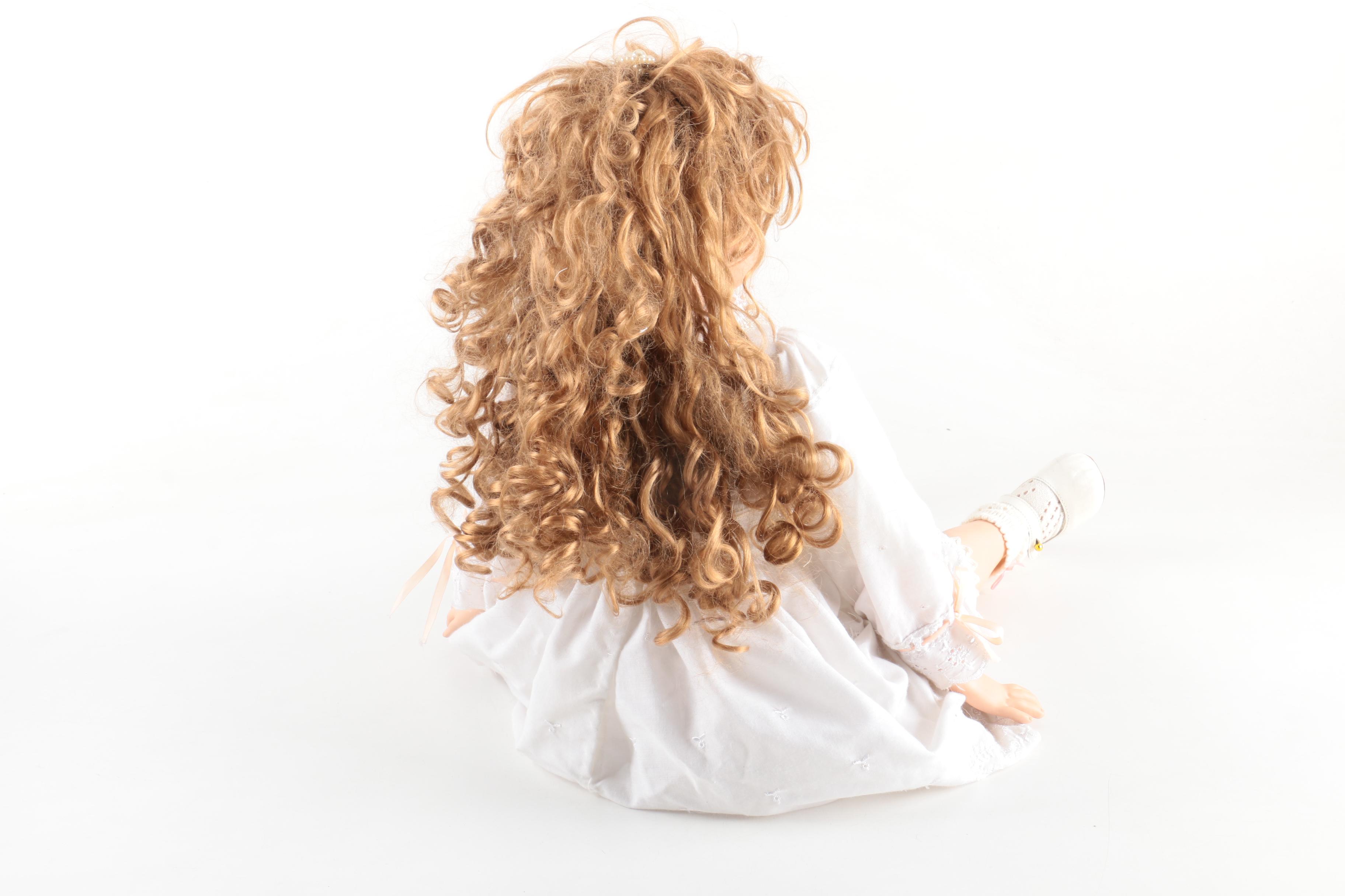 1996 Joyce Rondeau Signed Porcelain Doll with Wooden Rocking Chair