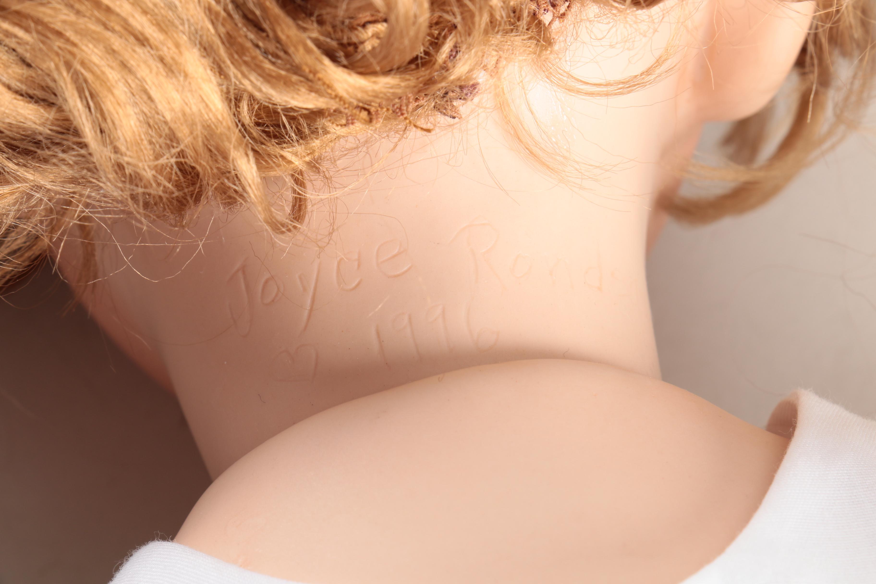 1996 Joyce Rondeau Signed Porcelain Doll with Wooden Rocking Chair