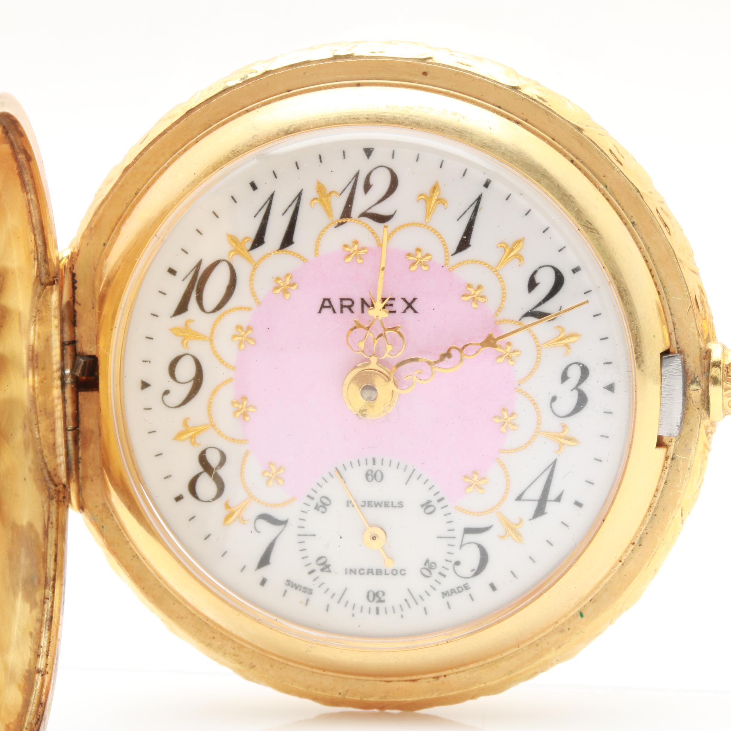 Arnex Gold-Plated Pink and White Dial Pocket Watch