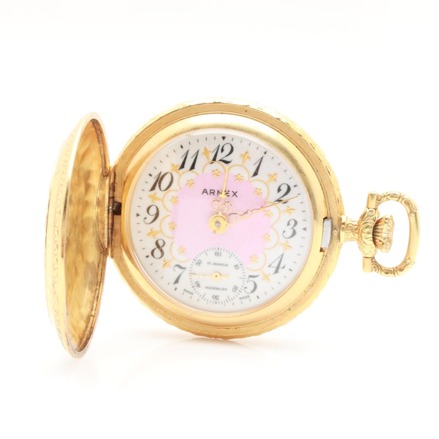 Arnex Gold-Plated Pink and White Dial Pocket Watch