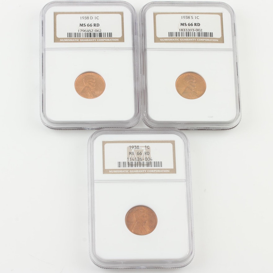 Group of Three NGC Graded MS66 RD 1938 Lincoln Wheat Cents