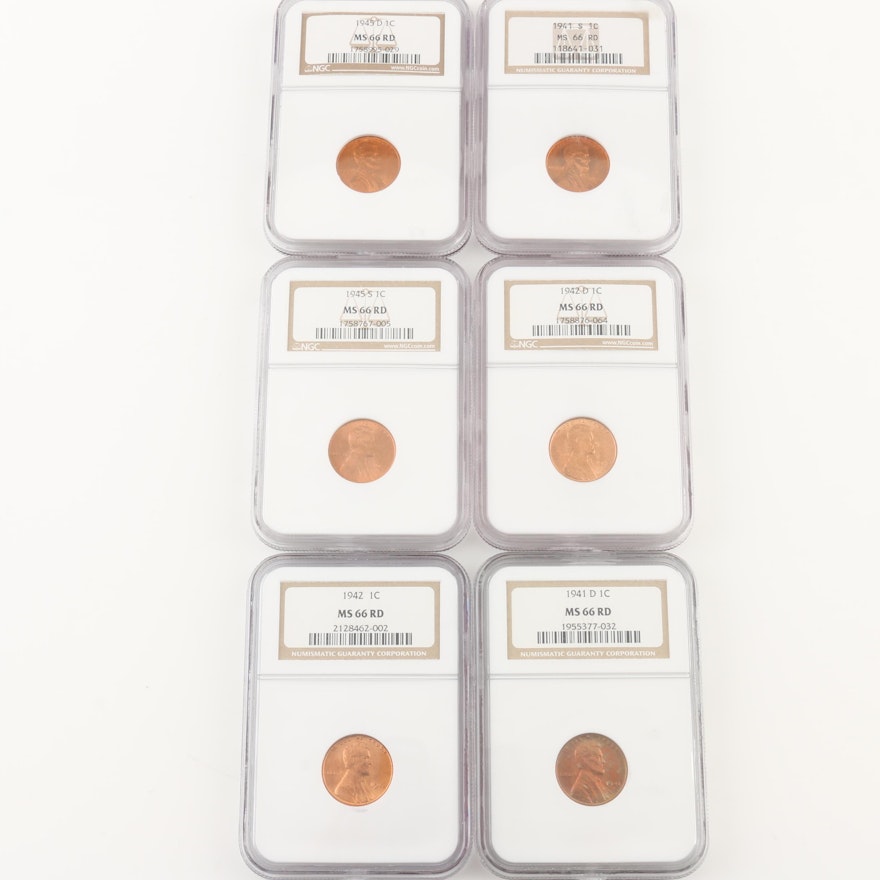 Group of Six NGC Graded 66 RD Lincoln Wheat Cents from the 1940s