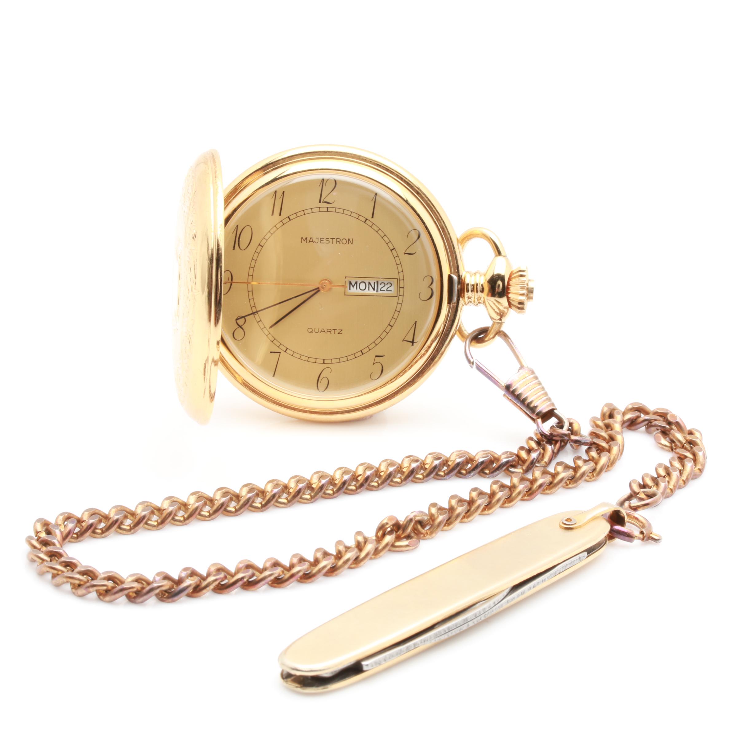 Majestron Gold-Tone Pocket Watch with Providence Cutlery Co. Pocket Knife