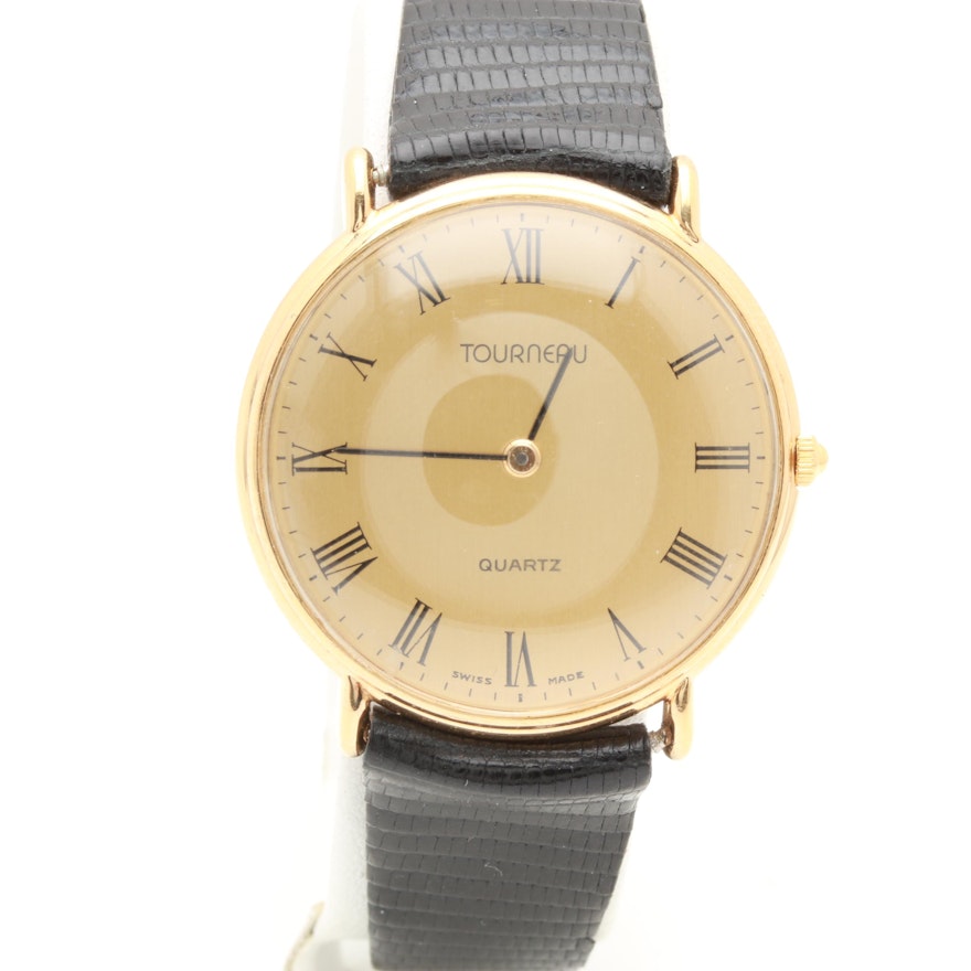 Tourneau Stainless Steel Gold-Plated Black Leather Wristwatch