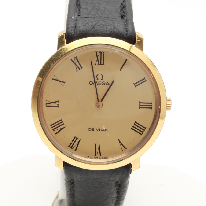 Omega Stainless Steel Gold-Plated Wristwatch with Black Leather Strap