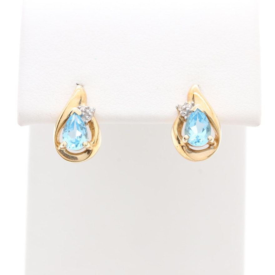 10K Yellow Gold Blue Topaz and Diamond Earrings