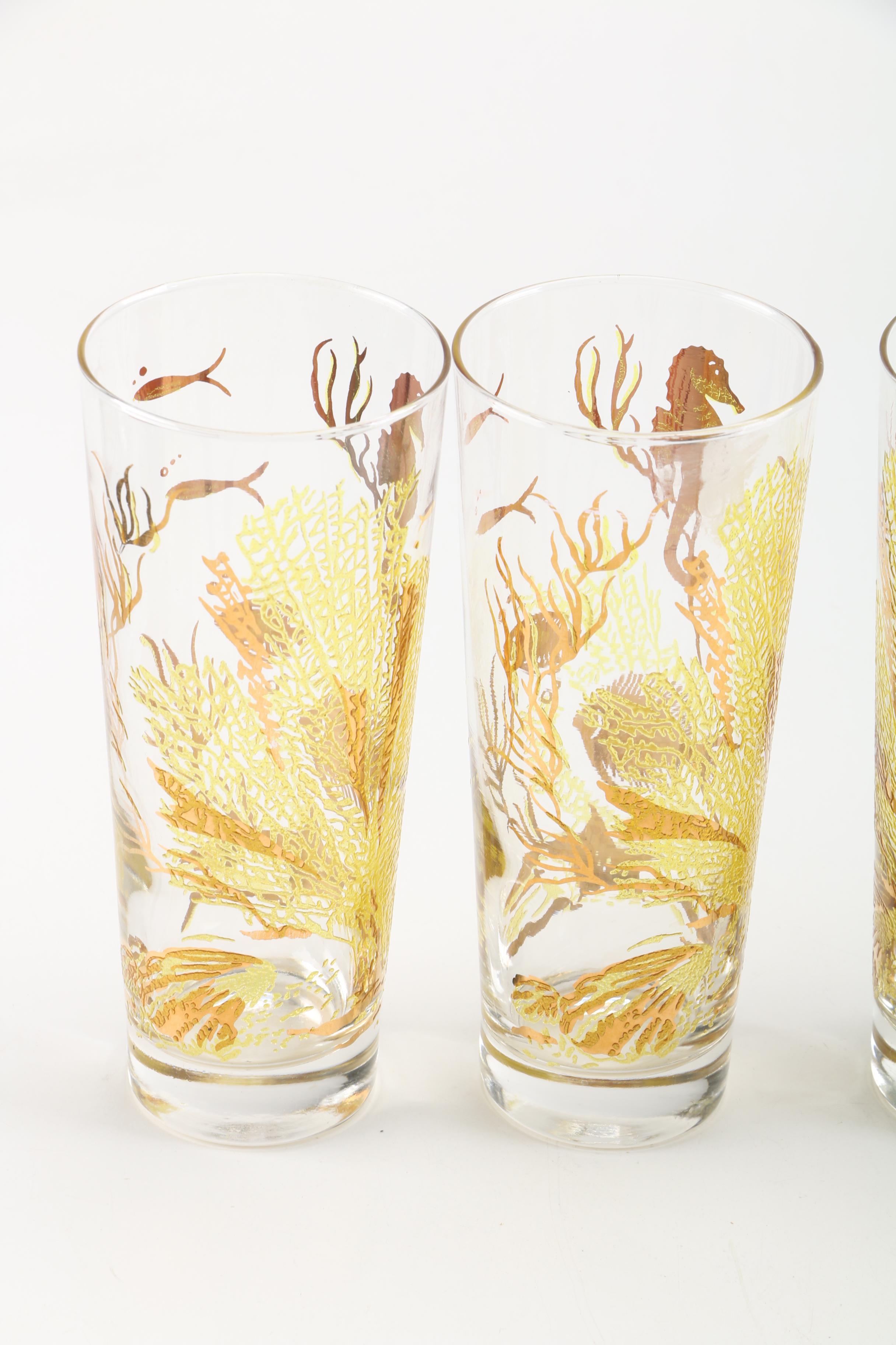 Mid Century Culver "Under the Sea" Glass Tumblers with 22K  Gilding