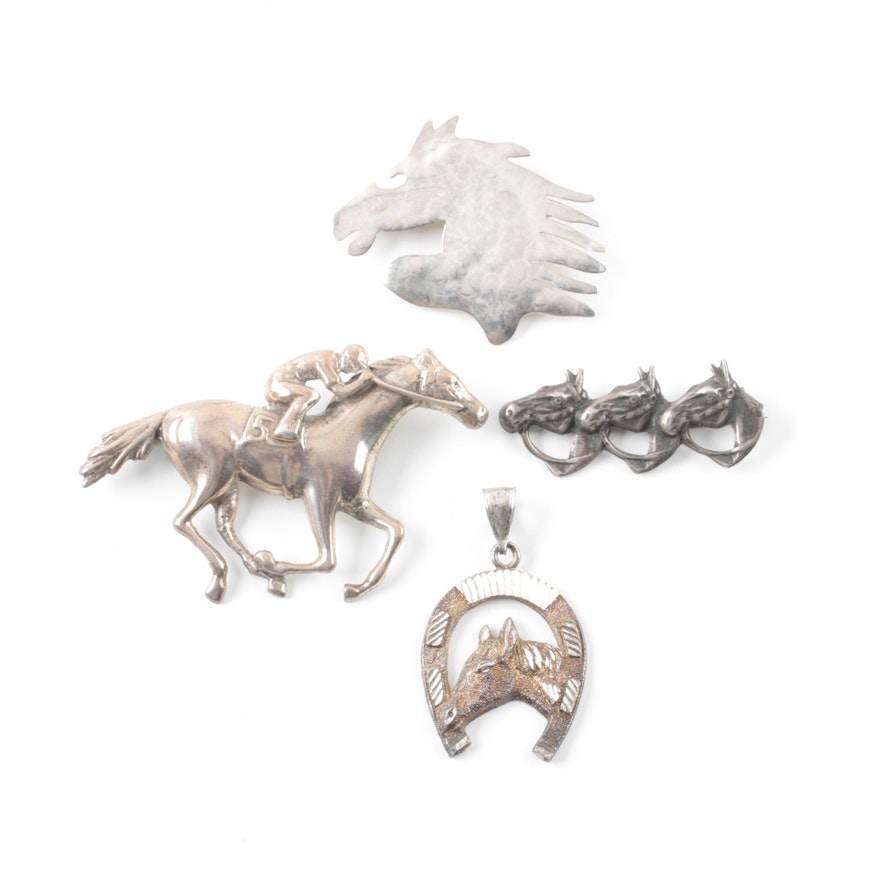 Sterling Silver Equestrian Themed Brooches and Pendant