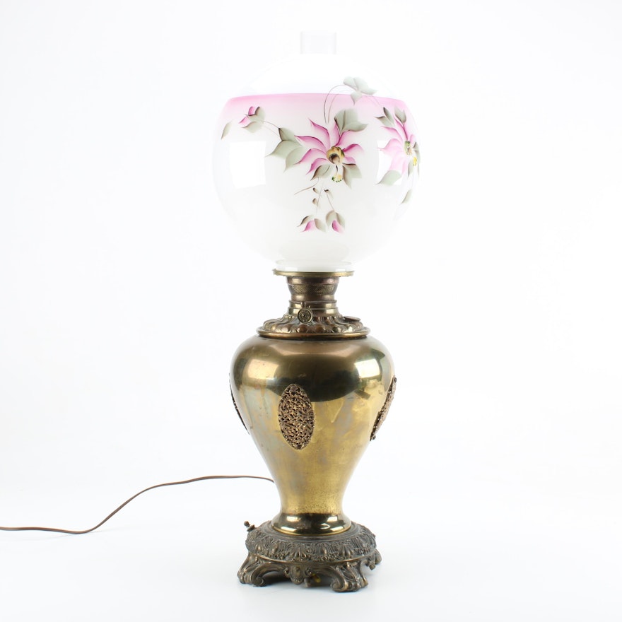 Vintage Brass Parlor Lamp with Hand Painted Globe