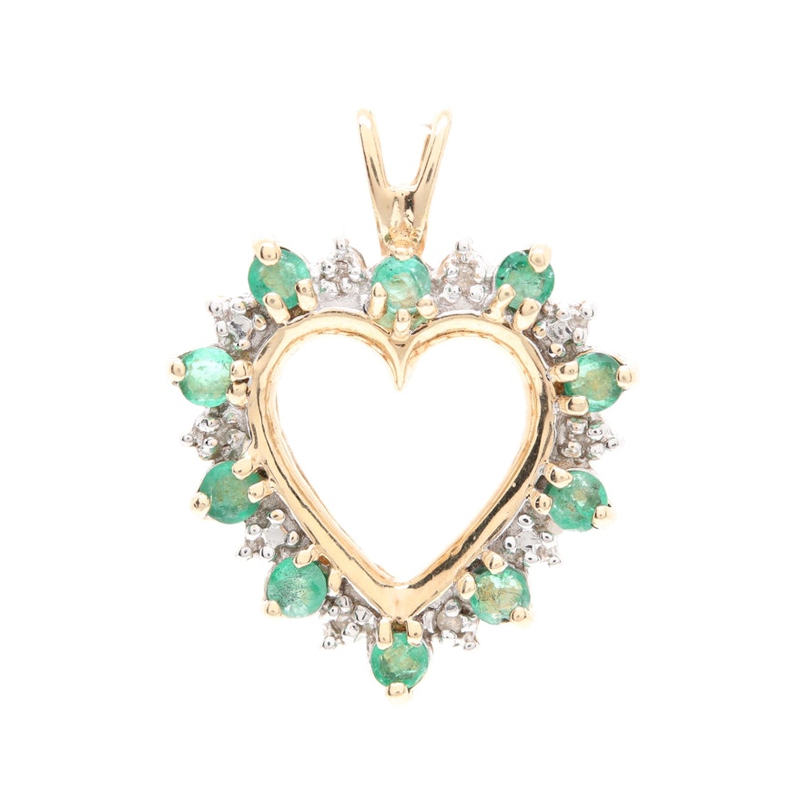 10K Yellow Gold Emerald and Diamond Heart Pendant