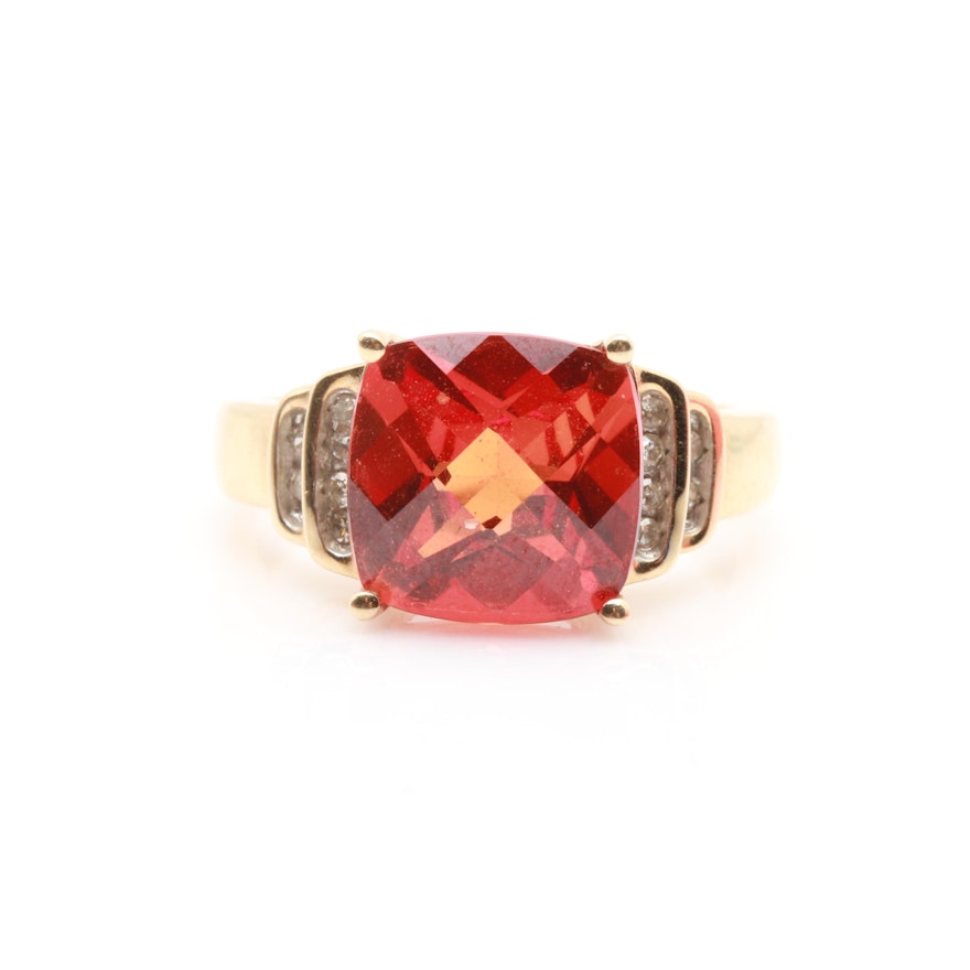 10K Yellow Gold Synthetic Orange Sapphire and Diamond Ring