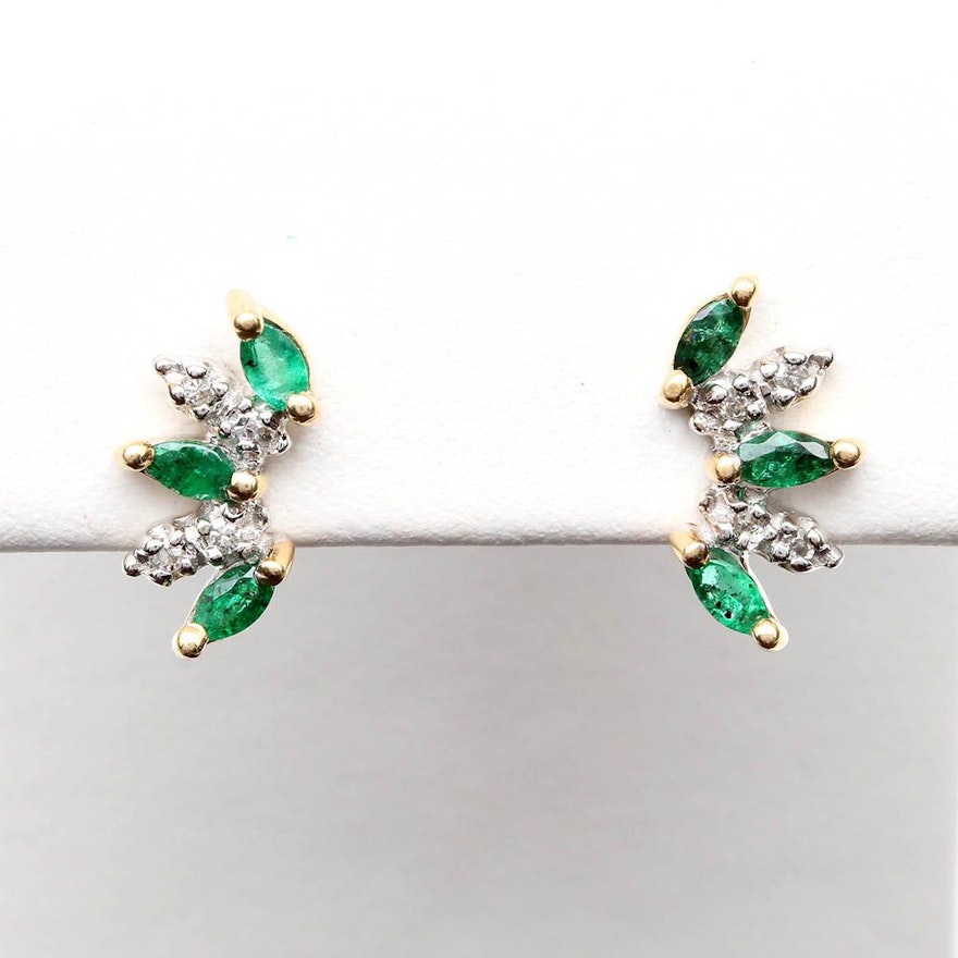 14K Yellow Gold Emerald and Diamond Earrings