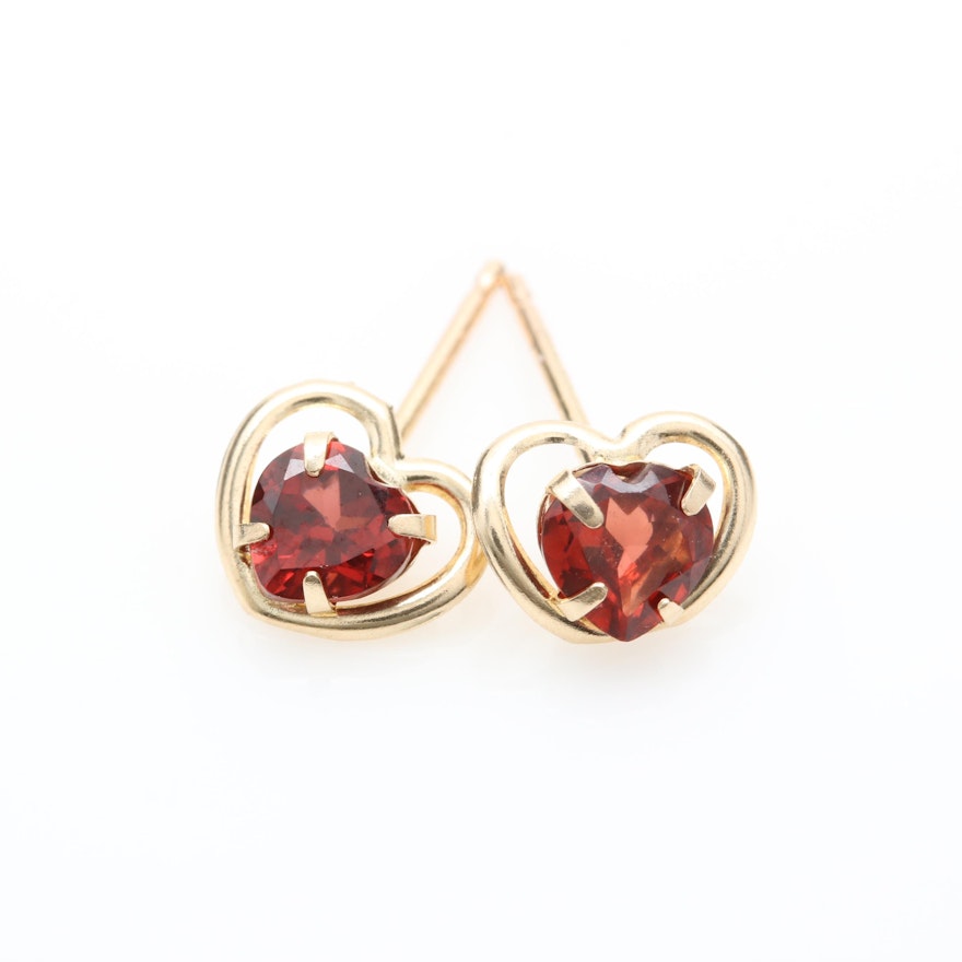 10K Yellow Gold Garnet Heart Stud Earrings