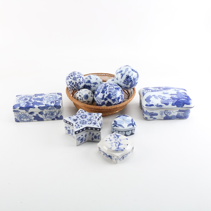Blue and White Ceramic Trinket Boxes and Carpet Balls