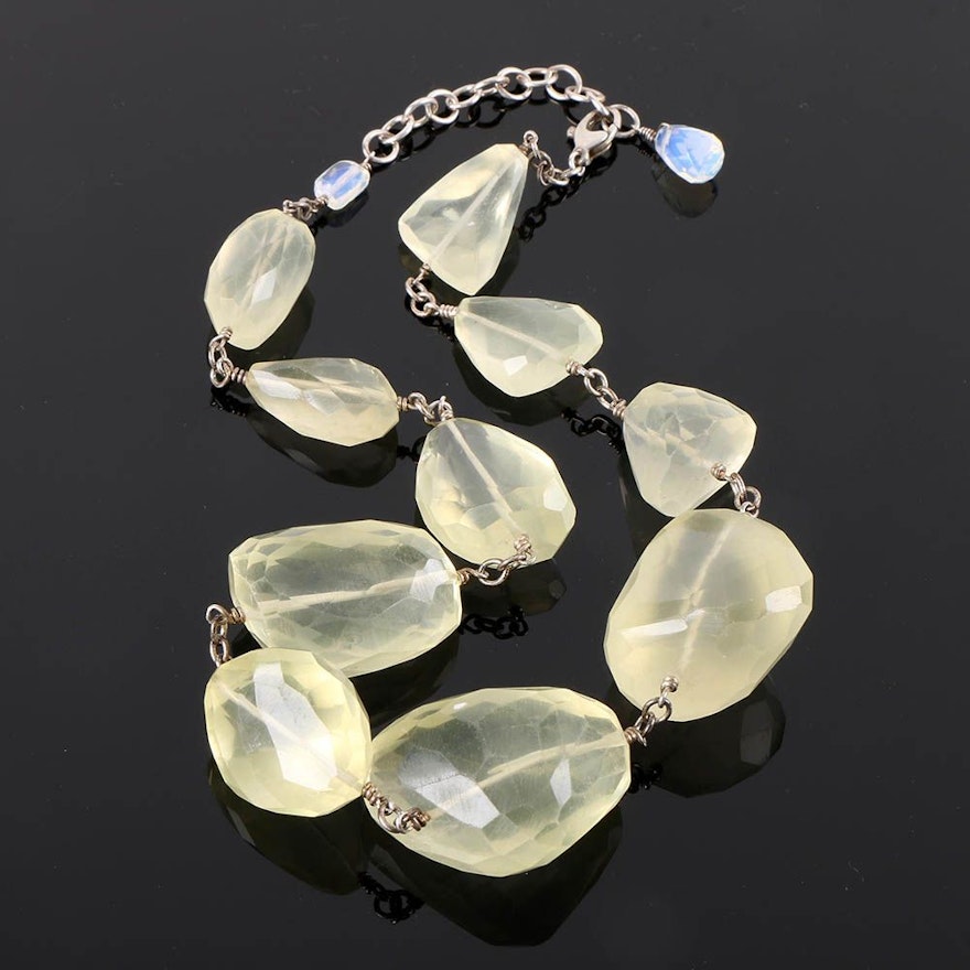 Sterling Silver and Citrine Necklace With Accents of Opalescent Glass