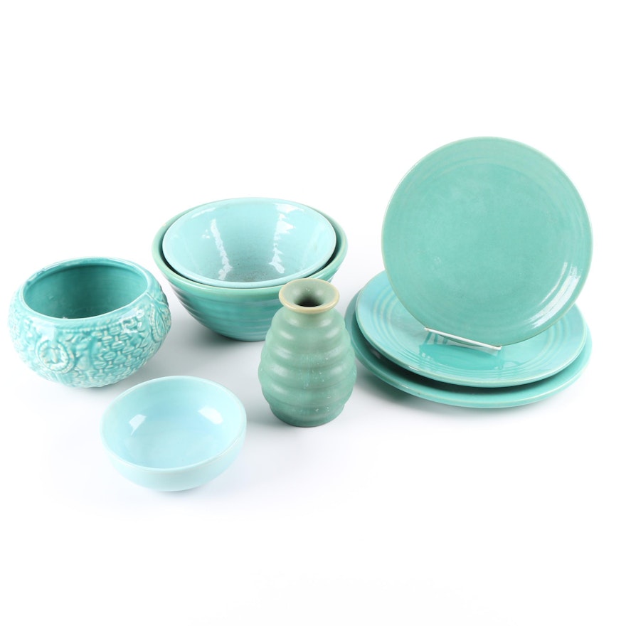 Turquoise Pottery Mixing Bowls and Tableware Including Bauer and McCoy