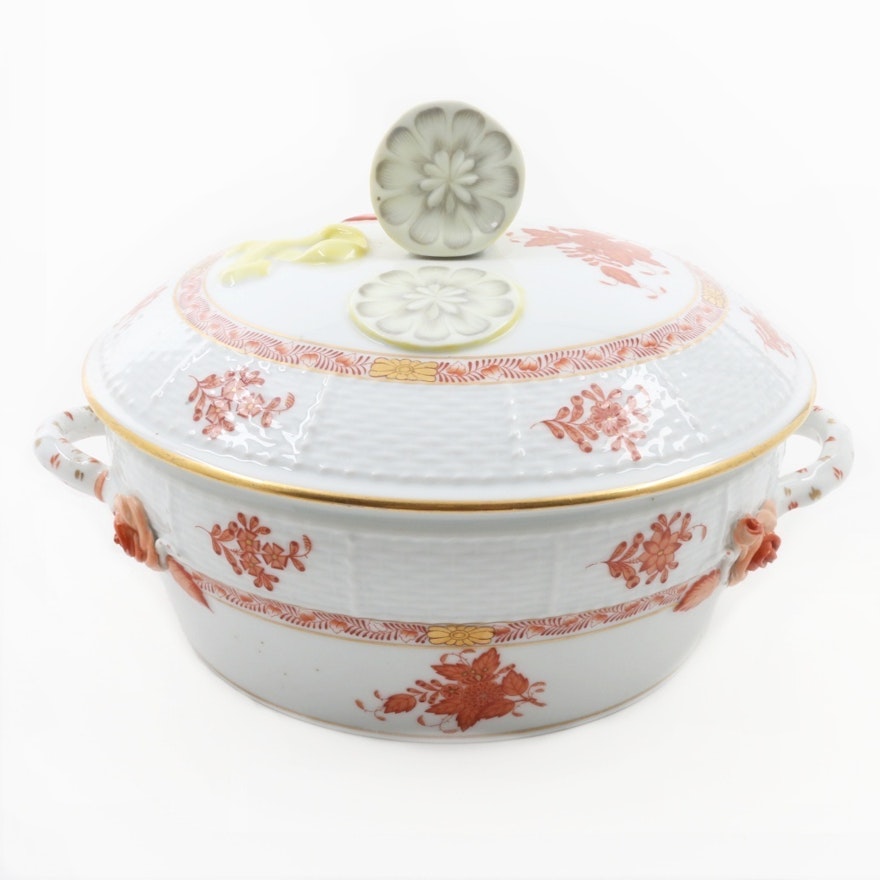 Herend Hungary Porcelain "Chinese Bouquet, Rust" Large Covered Vegetable Tureen