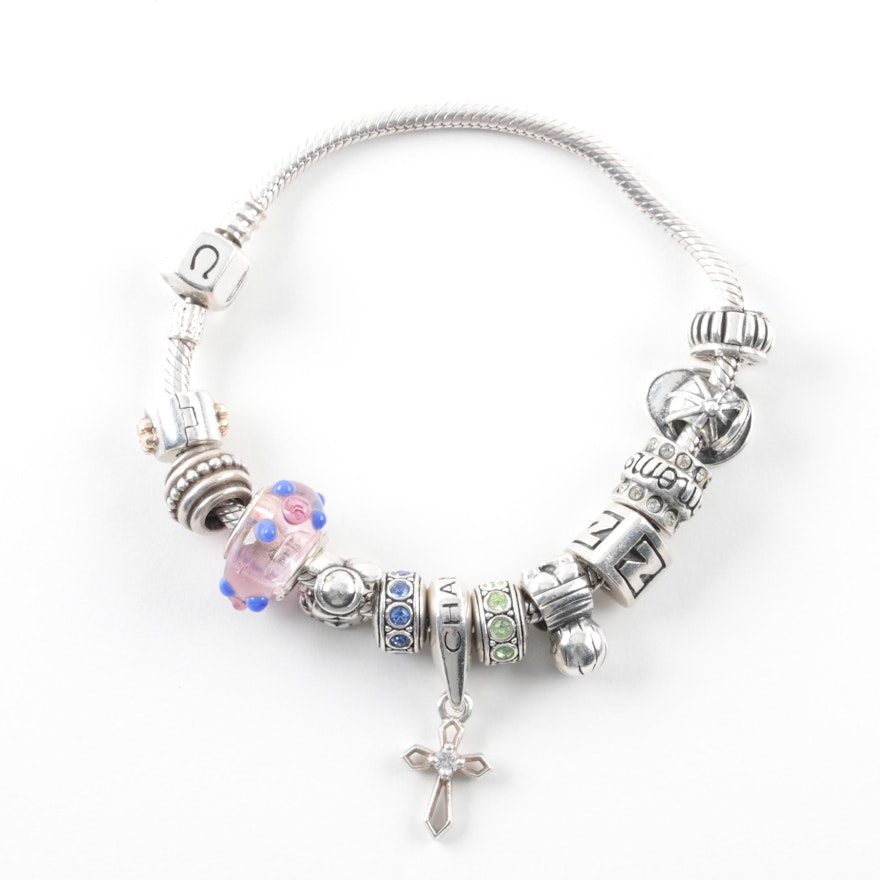 Chamilla Sterling Silver Charm Bracelet Including Pandora Charms