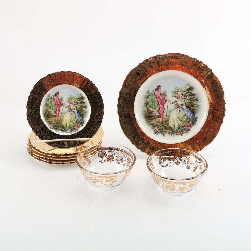 Vintage Atlas Fine China Romantic Scene Plates and Gold Leaf Glass Bowls
