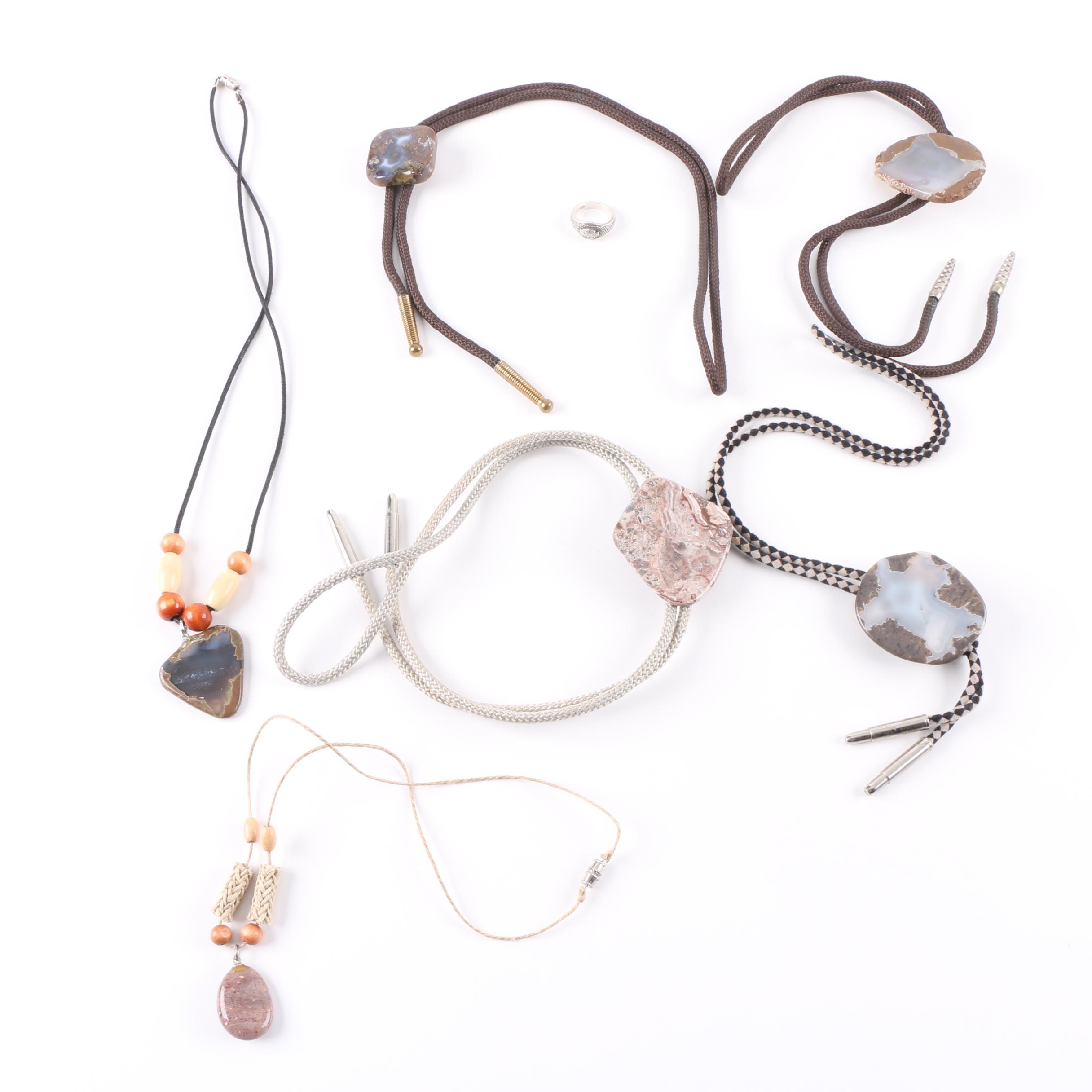 Sterling Silver Agate Jewelry Featuring Harley Davidson Ring and Bolo Ties